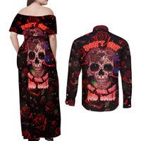 Don't Cry Skull Couples Matching Off Shoulder Maxi Dress and Long Sleeve Button Shirts - Wonder Print Shop