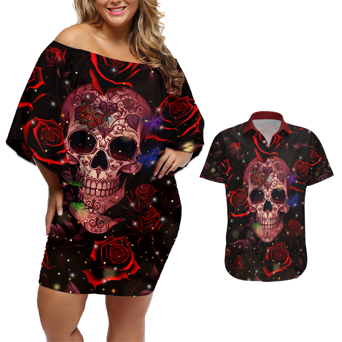 Don't Cry Skull Couples Matching Off Shoulder Short Dress and Hawaiian Shirt - Wonder Print Shop