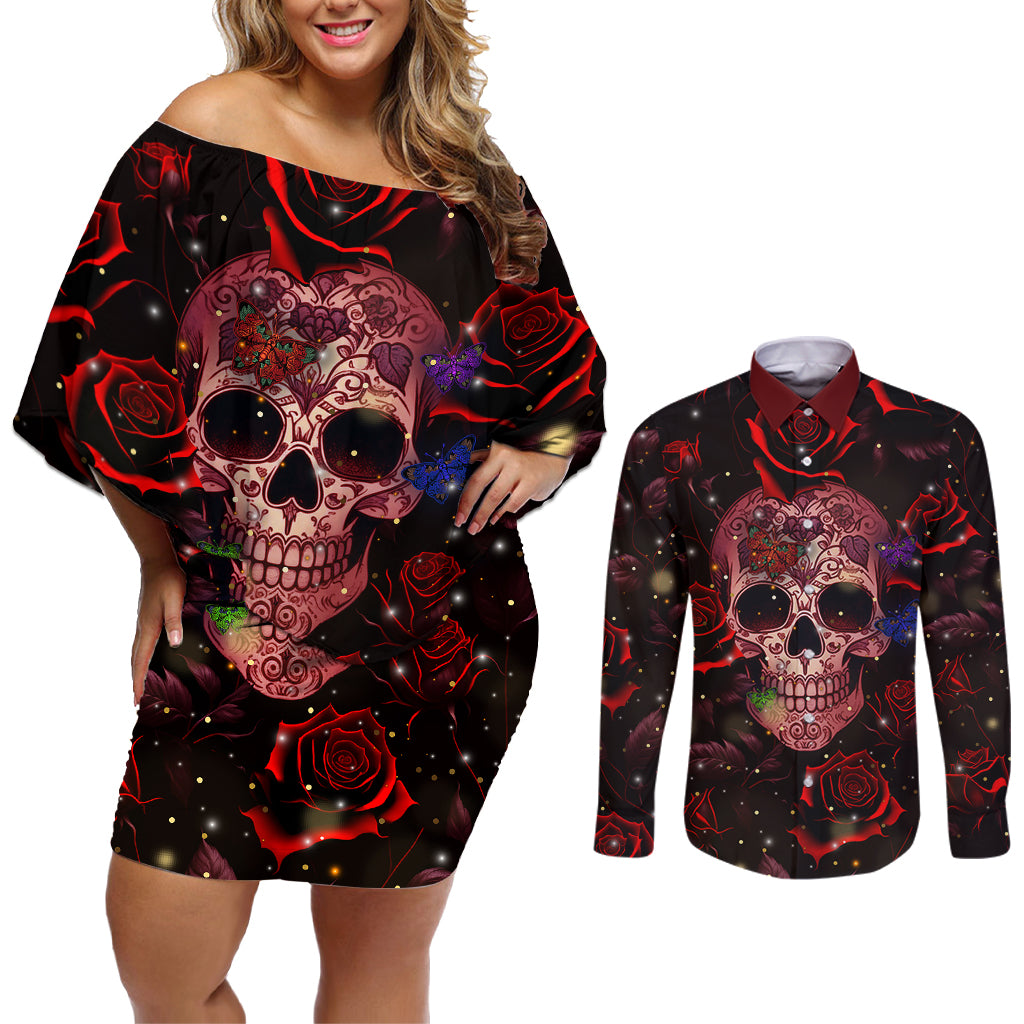 Don't Cry Skull Couples Matching Off Shoulder Short Dress and Long Sleeve Button Shirts - Wonder Print Shop