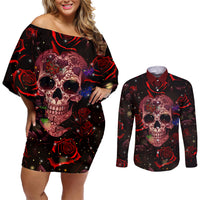 Don't Cry Skull Couples Matching Off Shoulder Short Dress and Long Sleeve Button Shirts - Wonder Print Shop