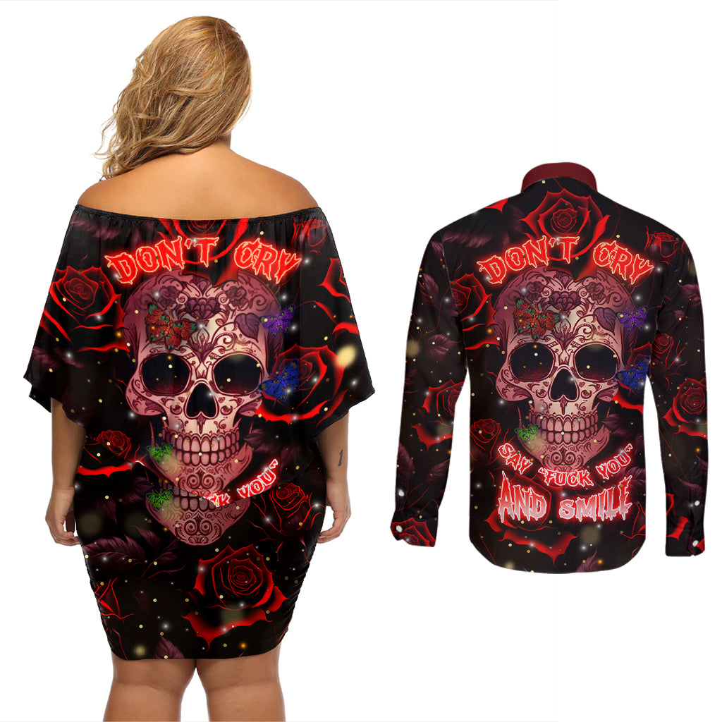 Don't Cry Skull Couples Matching Off Shoulder Short Dress and Long Sleeve Button Shirts - Wonder Print Shop