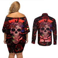 Don't Cry Skull Couples Matching Off Shoulder Short Dress and Long Sleeve Button Shirts - Wonder Print Shop