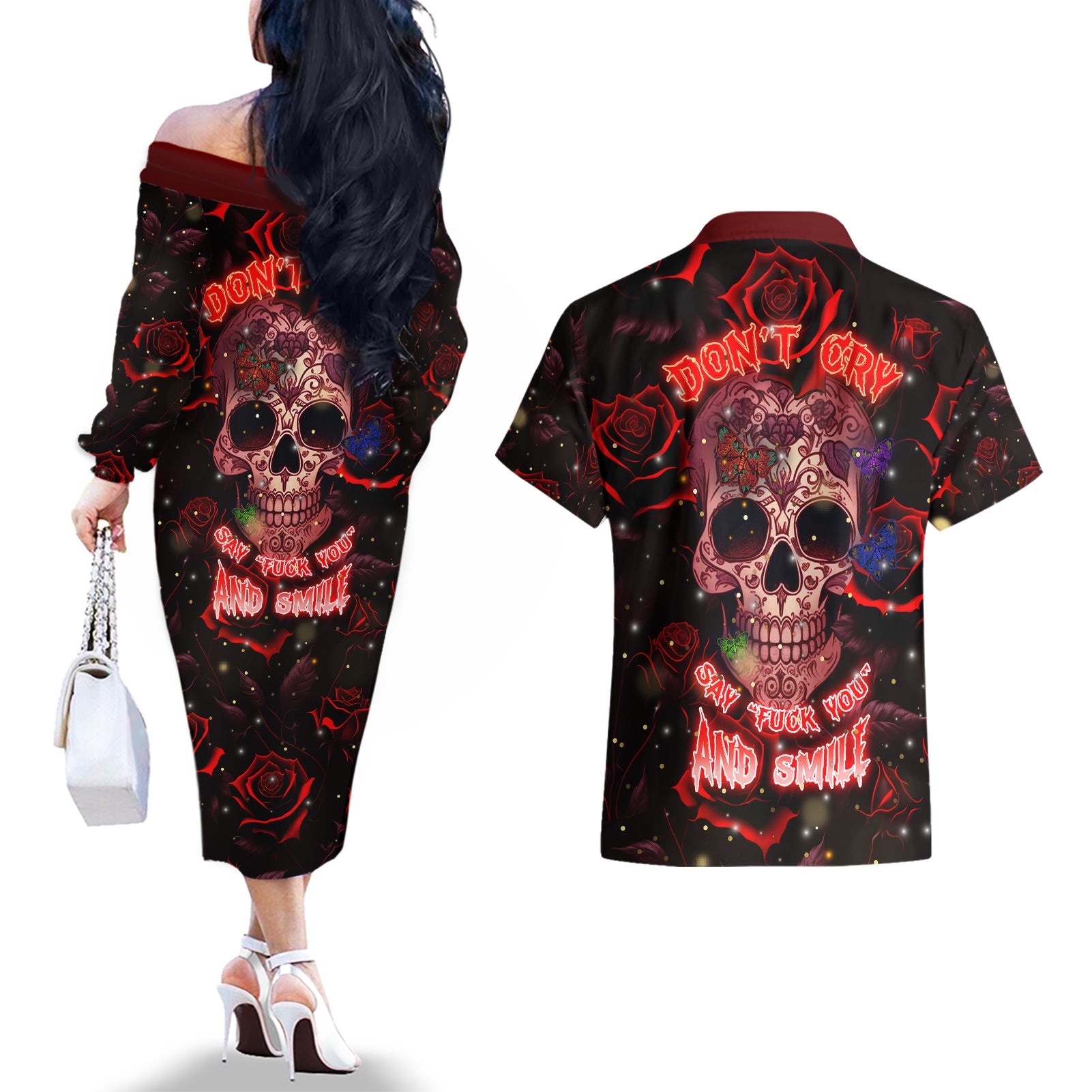 Don't Cry Skull Couples Matching Off The Shoulder Long Sleeve Dress and Hawaiian Shirt - Wonder Print Shop
