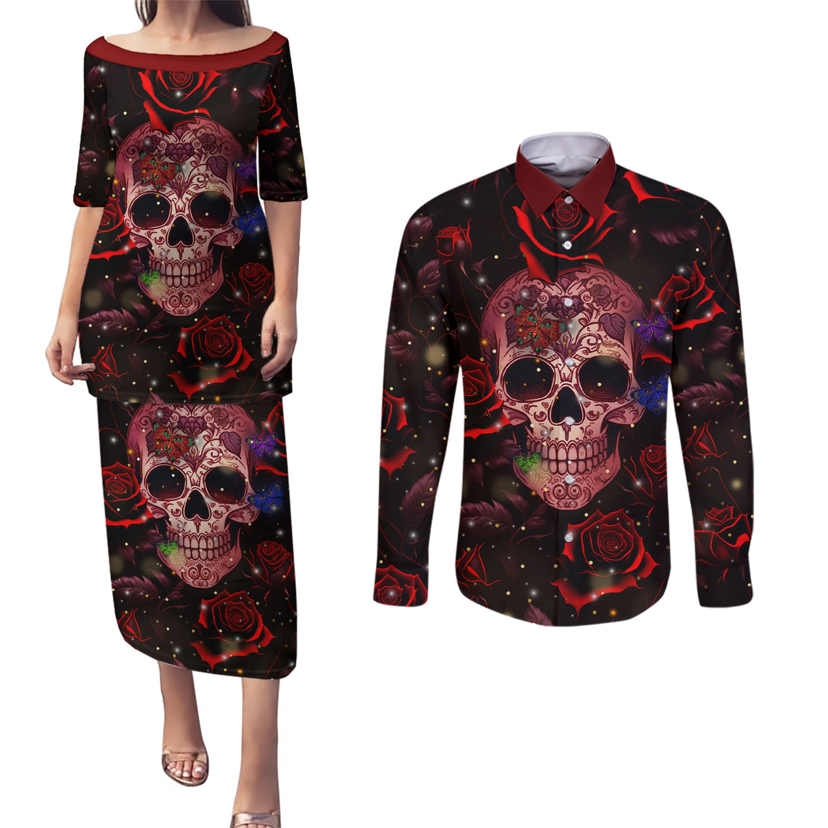 Don't Cry Skull Couples Matching Puletasi Dress and Long Sleeve Button Shirts - Wonder Print Shop