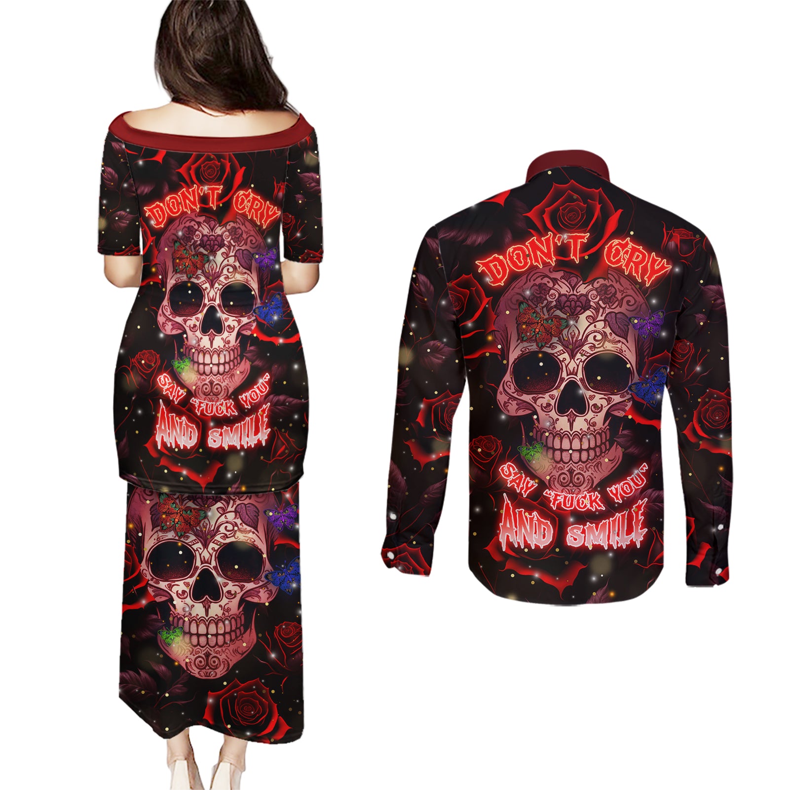 Don't Cry Skull Couples Matching Puletasi Dress and Long Sleeve Button Shirts - Wonder Print Shop