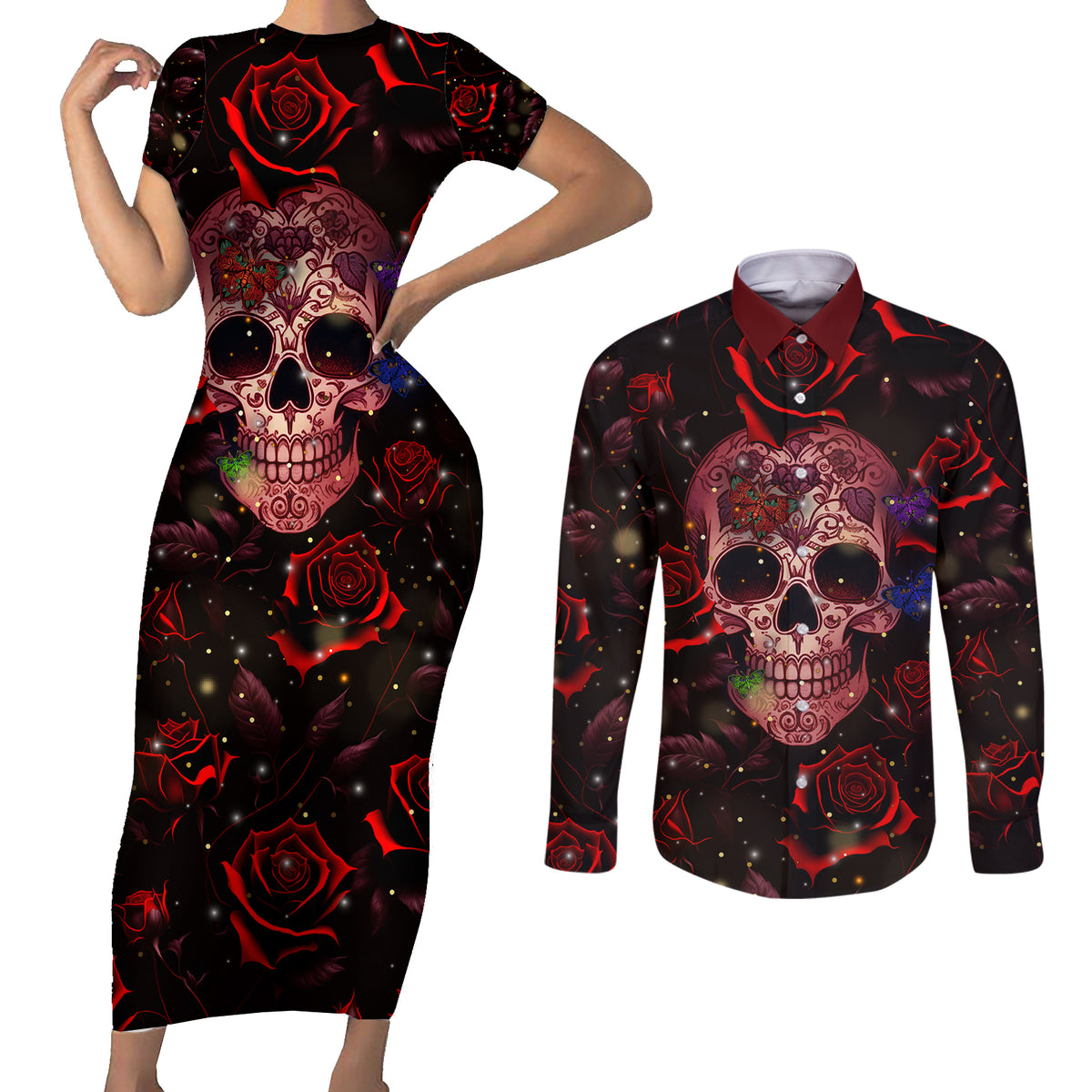 Don't Cry Skull Couples Matching Short Sleeve Bodycon Dress and Long Sleeve Button Shirts - Wonder Print Shop