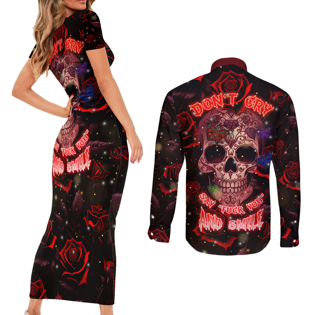 Don't Cry Skull Couples Matching Short Sleeve Bodycon Dress and Long Sleeve Button Shirts - Wonder Print Shop