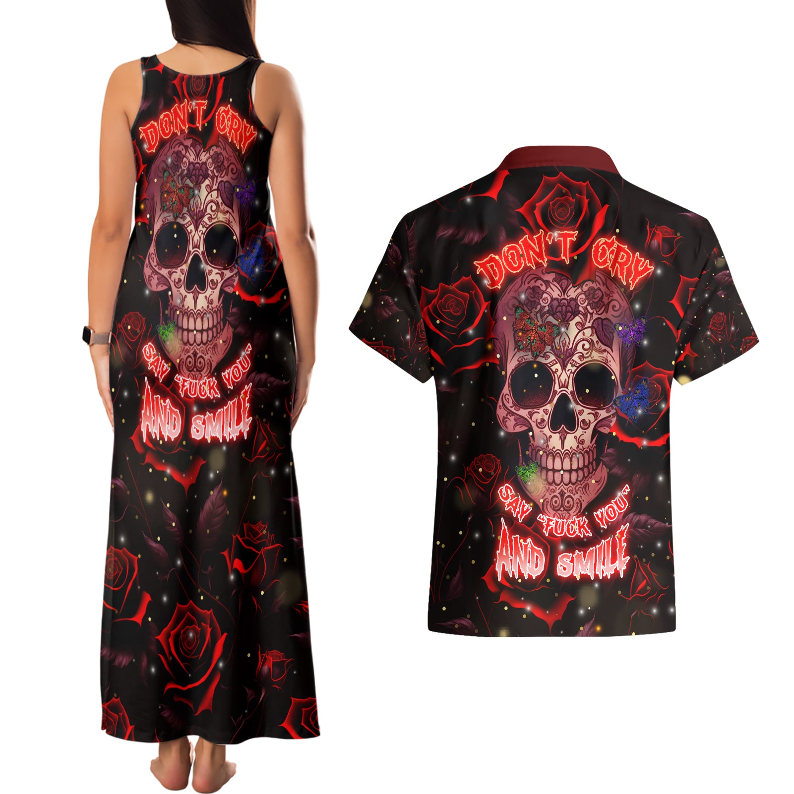 Don't Cry Skull Couples Matching Tank Maxi Dress and Hawaiian Shirt - Wonder Print Shop