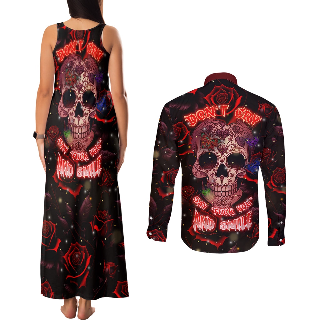 Don't Cry Skull Couples Matching Tank Maxi Dress and Long Sleeve Button Shirts - Wonder Print Shop
