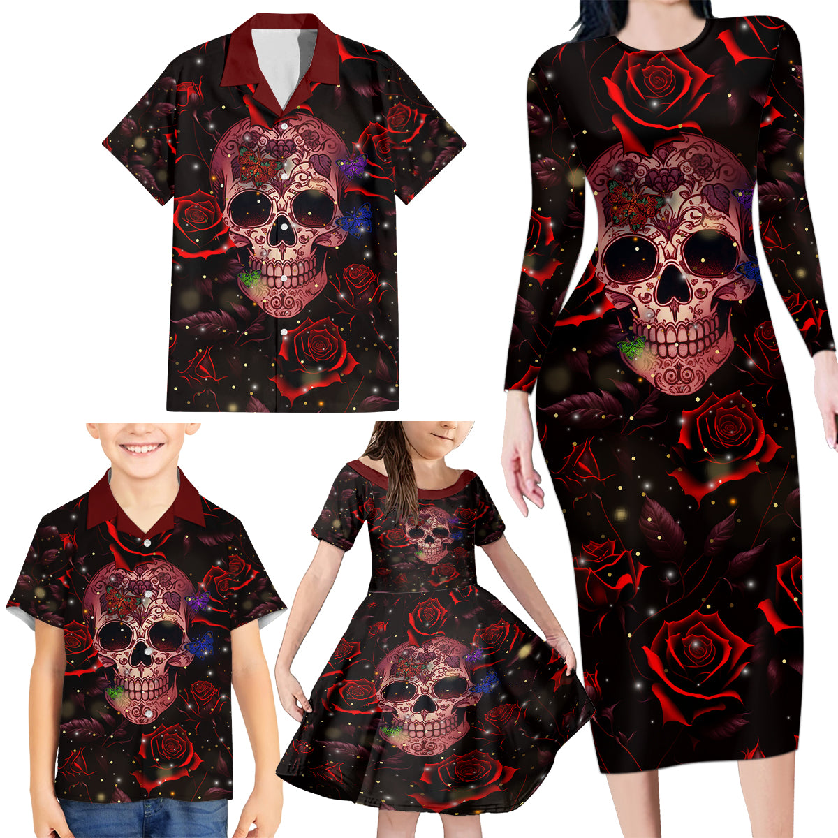 Don't Cry Skull Family Matching Long Sleeve Bodycon Dress and Hawaiian Shirt - Wonder Print Shop