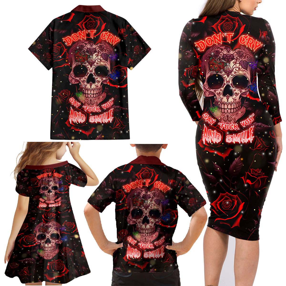 Don't Cry Skull Family Matching Long Sleeve Bodycon Dress and Hawaiian Shirt - Wonder Print Shop
