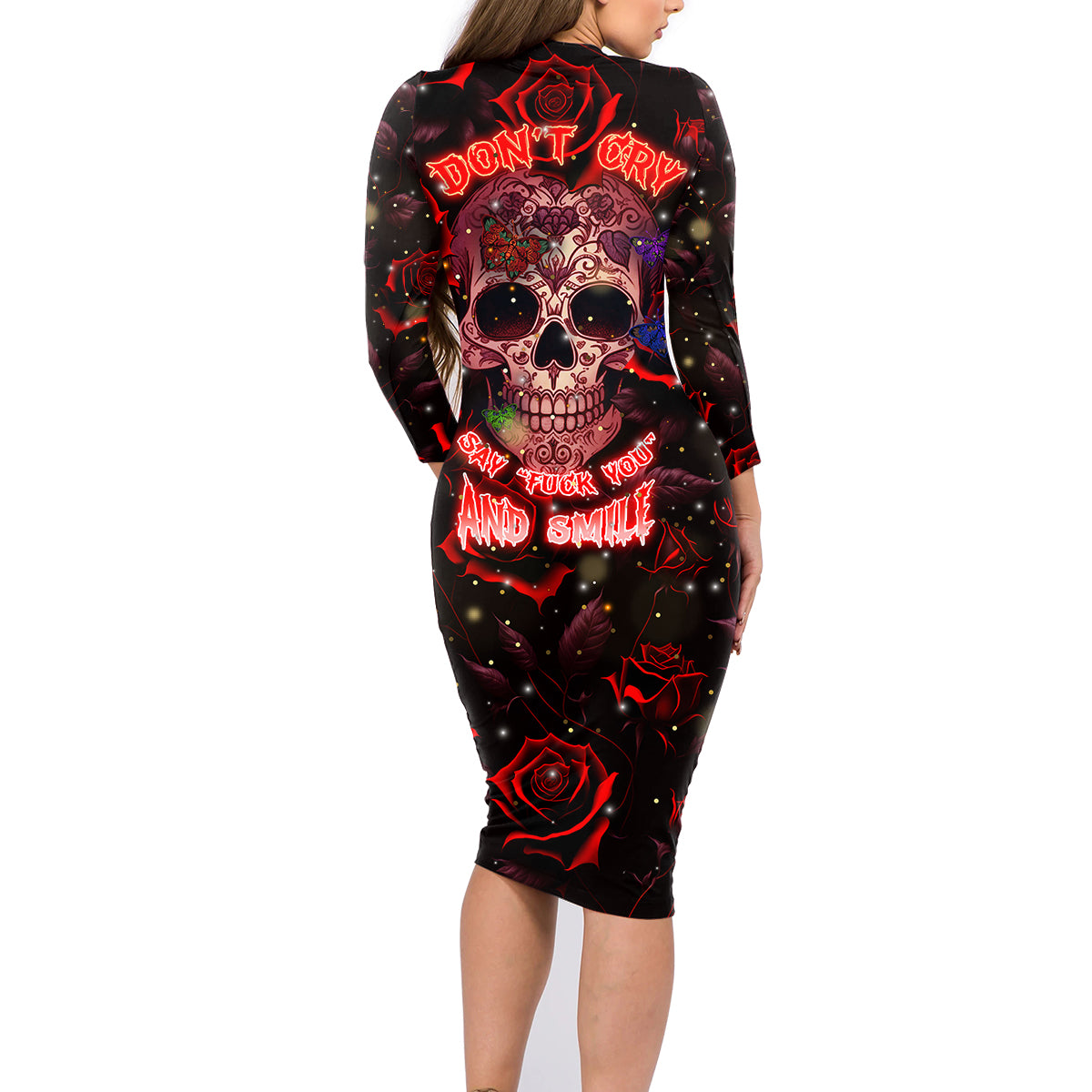 Don't Cry Skull Family Matching Long Sleeve Bodycon Dress and Hawaiian Shirt - Wonder Print Shop