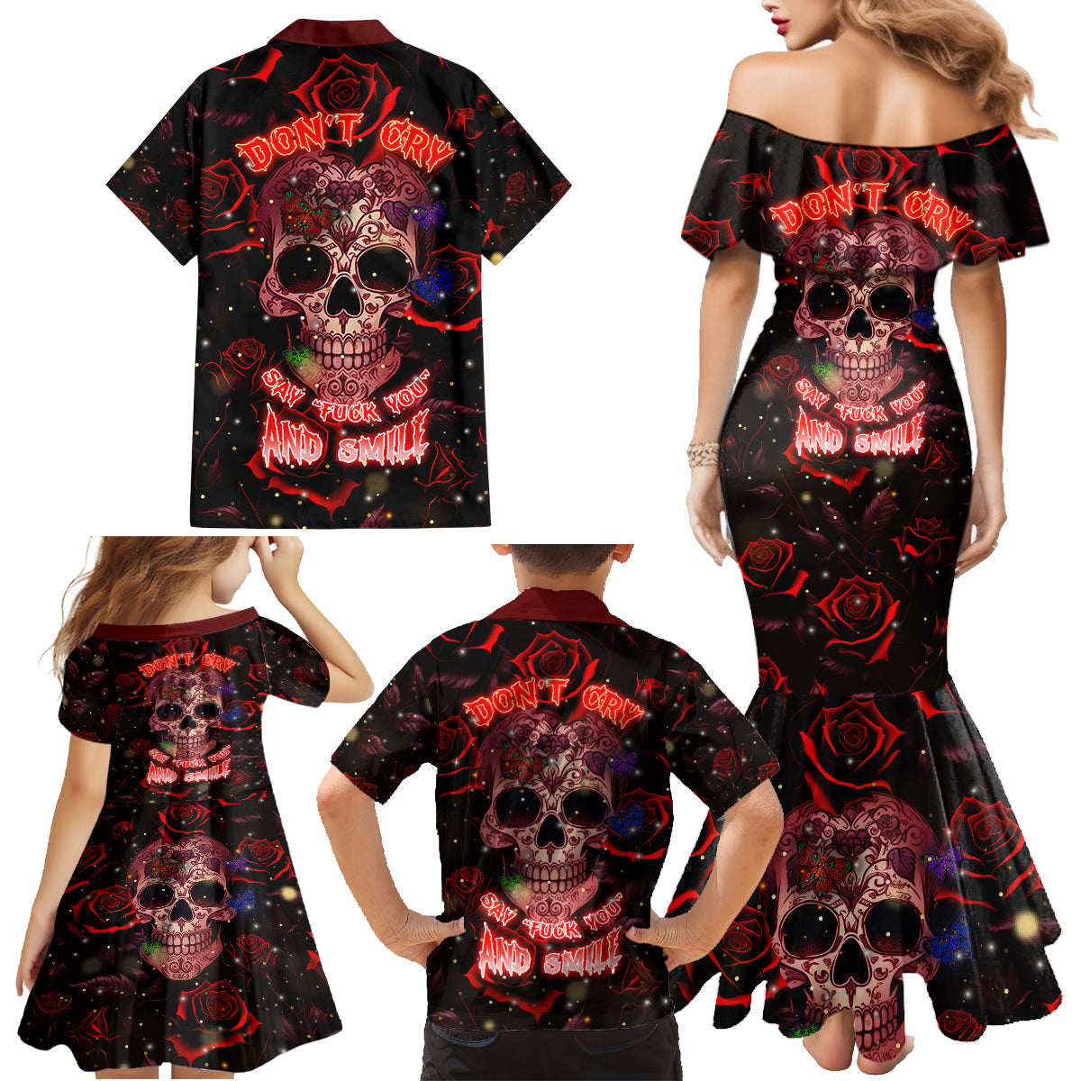 Don't Cry Skull Family Matching Mermaid Dress and Hawaiian Shirt - Wonder Print Shop