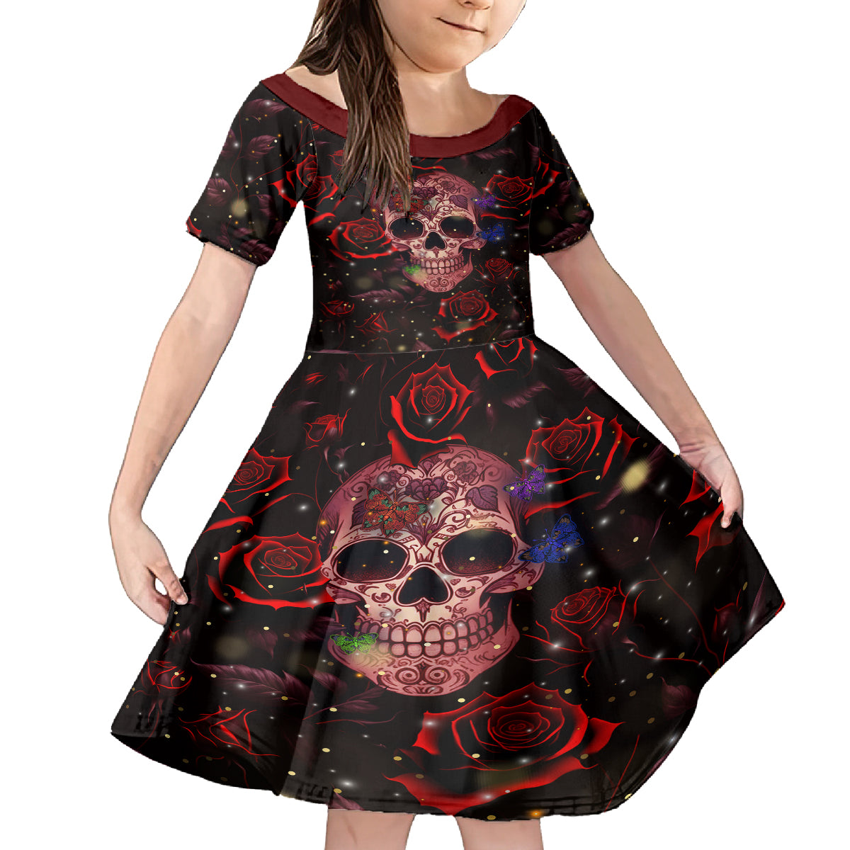 Don't Cry Skull Family Matching Off Shoulder Long Sleeve Dress and Hawaiian Shirt - Wonder Print Shop