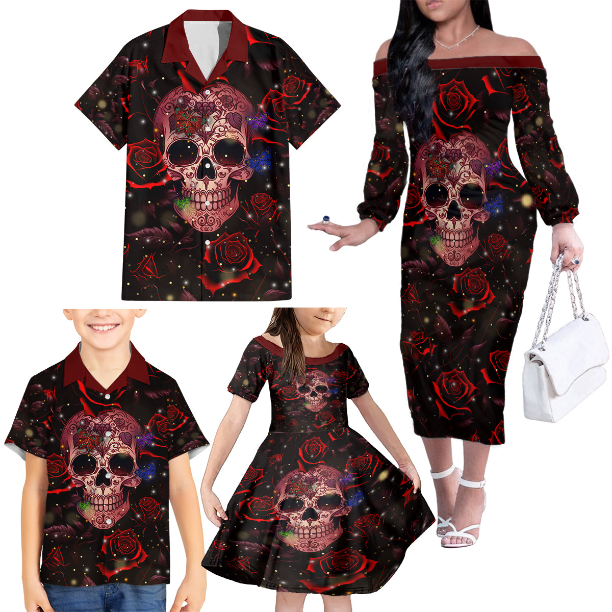 Don't Cry Skull Family Matching Off Shoulder Long Sleeve Dress and Hawaiian Shirt - Wonder Print Shop