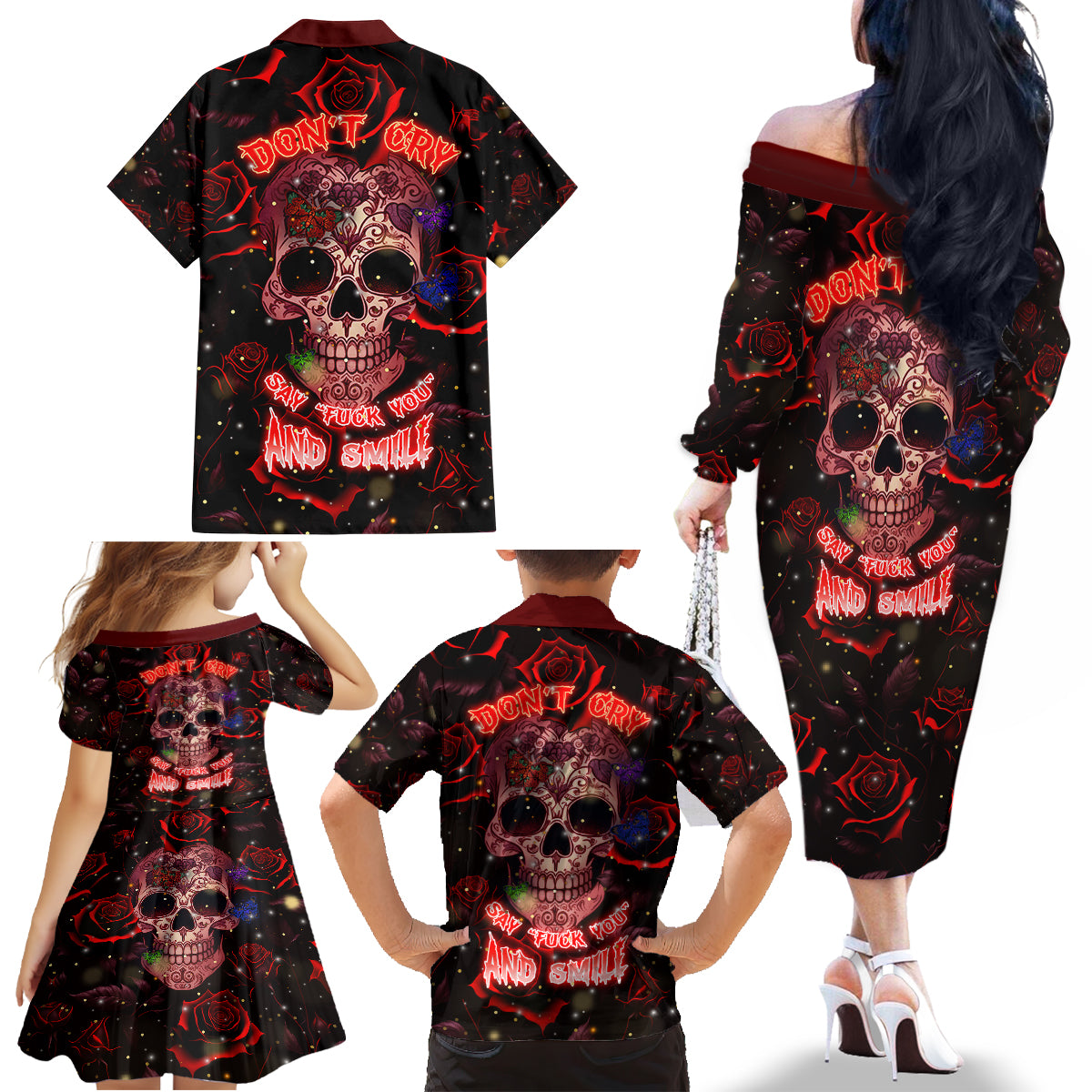 Don't Cry Skull Family Matching Off Shoulder Long Sleeve Dress and Hawaiian Shirt - Wonder Print Shop