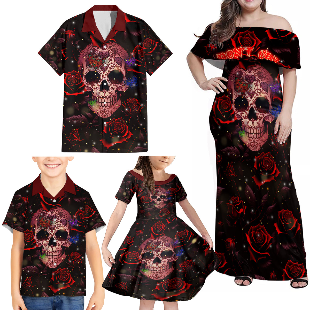 Don't Cry Skull Family Matching Off Shoulder Maxi Dress and Hawaiian Shirt - Wonder Print Shop