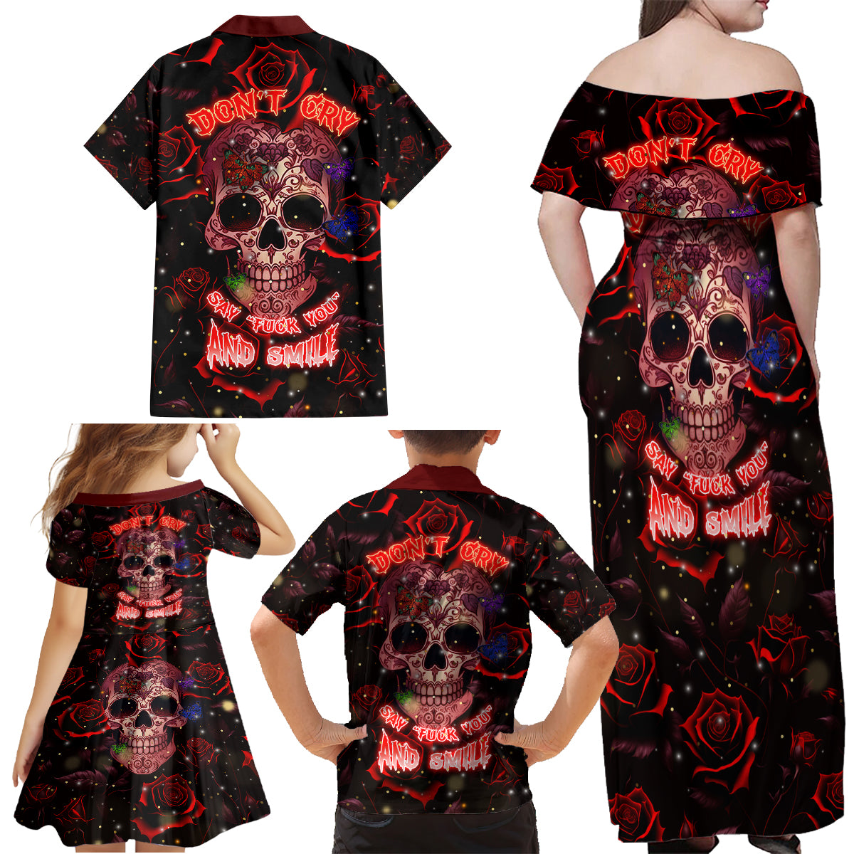 Don't Cry Skull Family Matching Off Shoulder Maxi Dress and Hawaiian Shirt - Wonder Print Shop