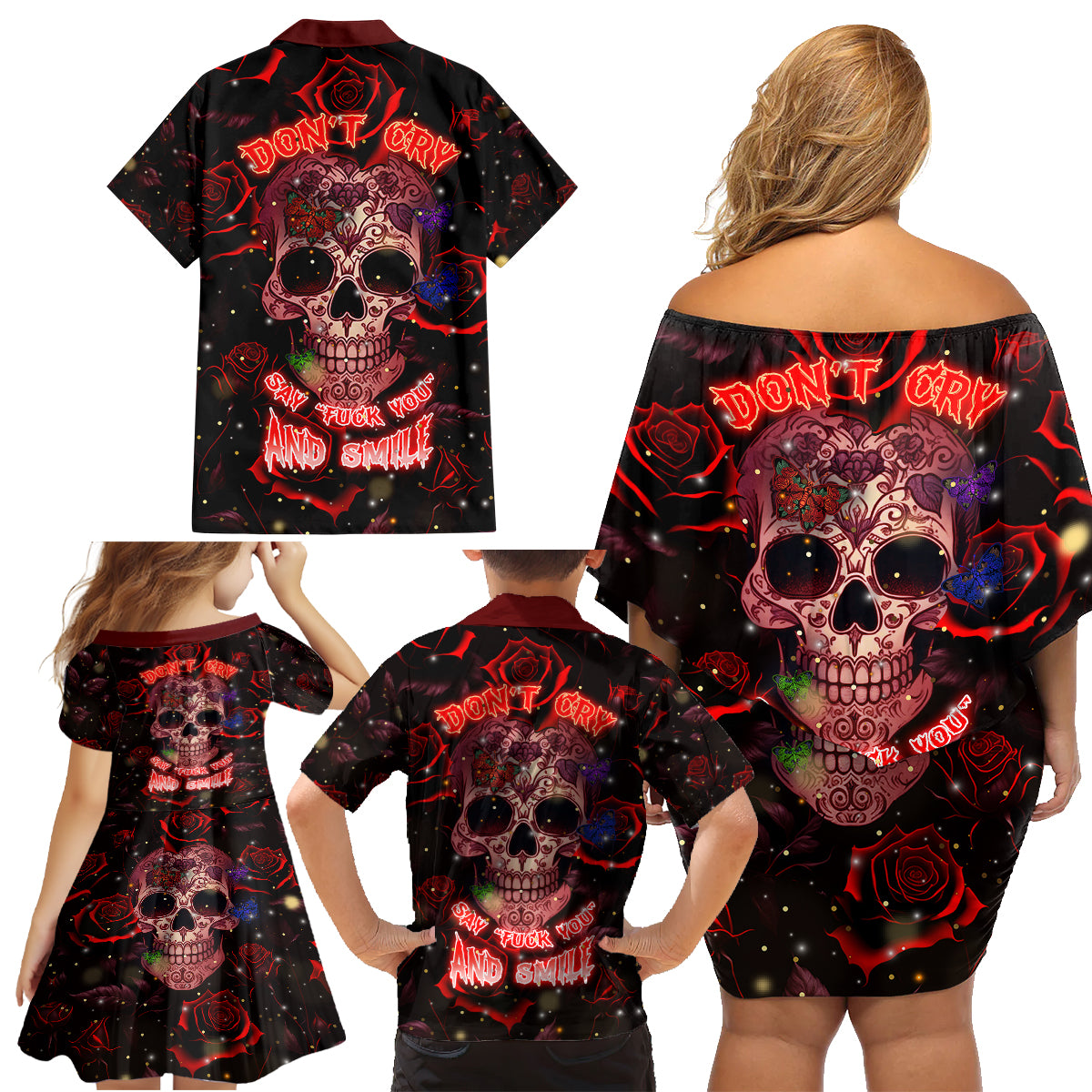 Don't Cry Skull Family Matching Off Shoulder Short Dress and Hawaiian Shirt - Wonder Print Shop