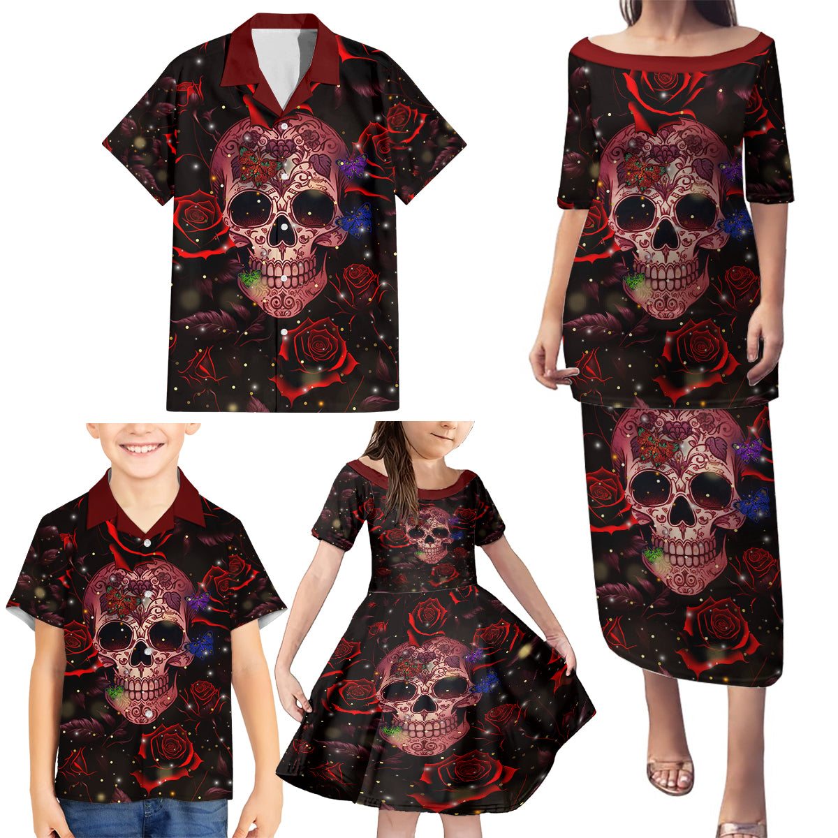Don't Cry Skull Family Matching Puletasi Dress and Hawaiian Shirt - Wonder Print Shop