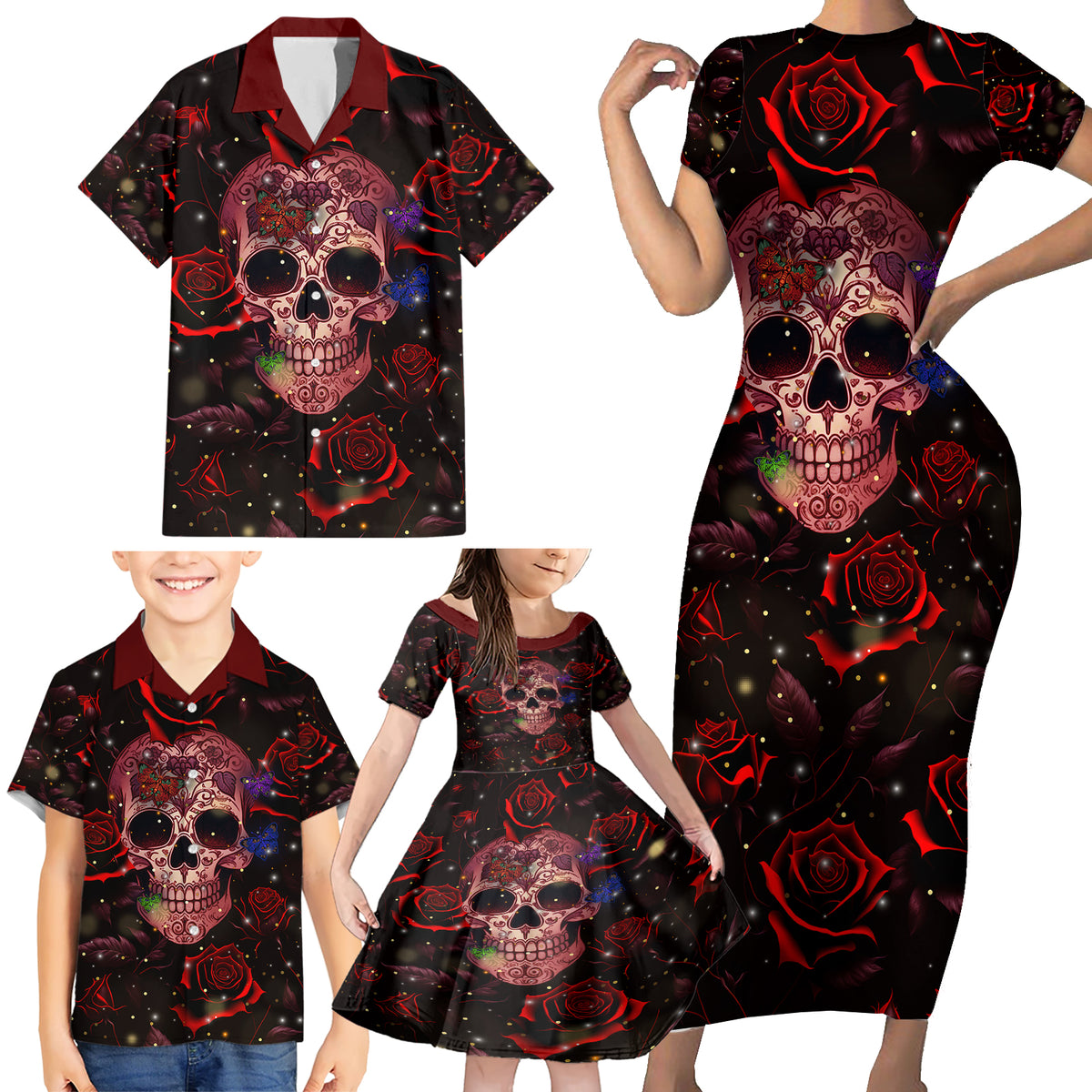 Don't Cry Skull Family Matching Short Sleeve Bodycon Dress and Hawaiian Shirt - Wonder Print Shop