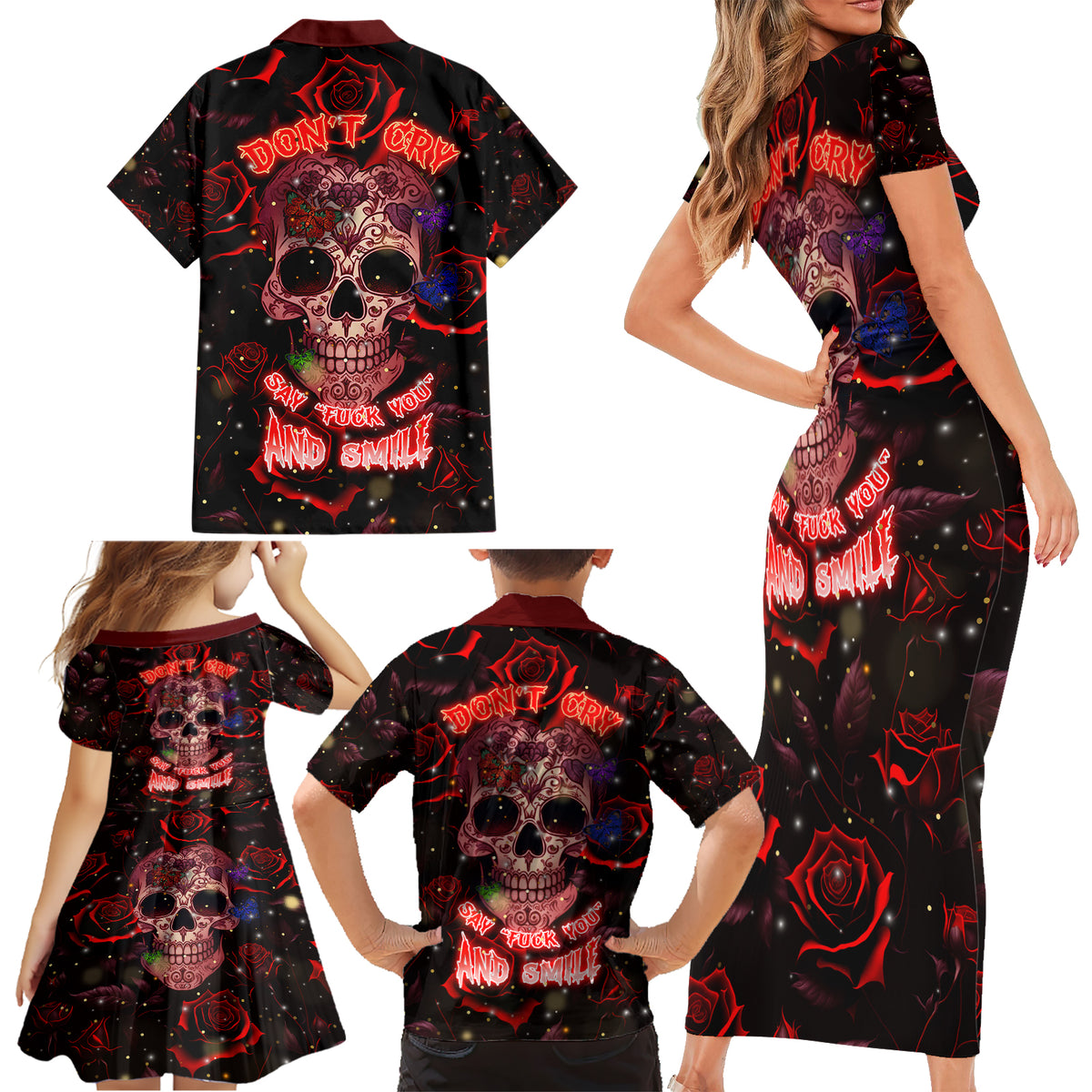 Don't Cry Skull Family Matching Short Sleeve Bodycon Dress and Hawaiian Shirt - Wonder Print Shop