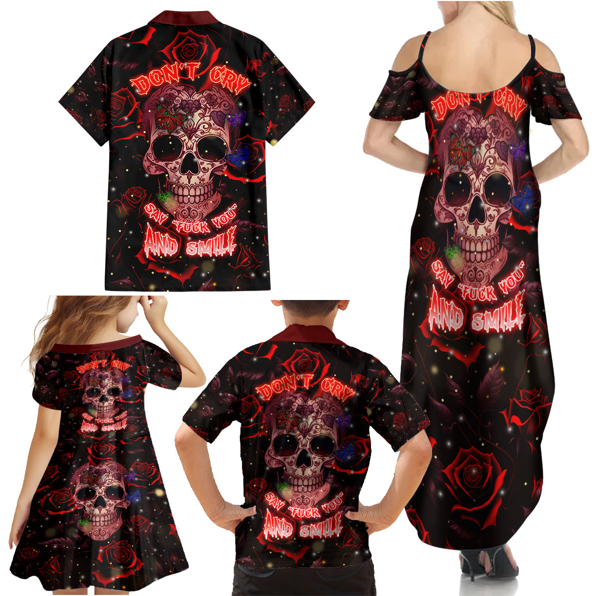 Don't Cry Skull Family Matching Summer Maxi Dress and Hawaiian Shirt - Wonder Print Shop
