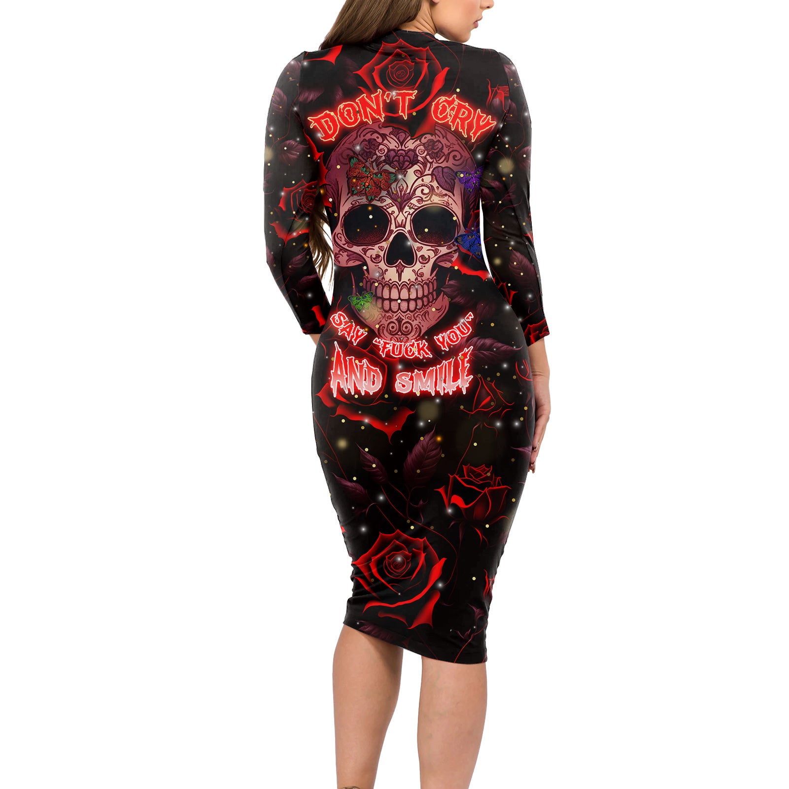 Don't Cry Skull Long Sleeve Bodycon Dress - Wonder Print Shop