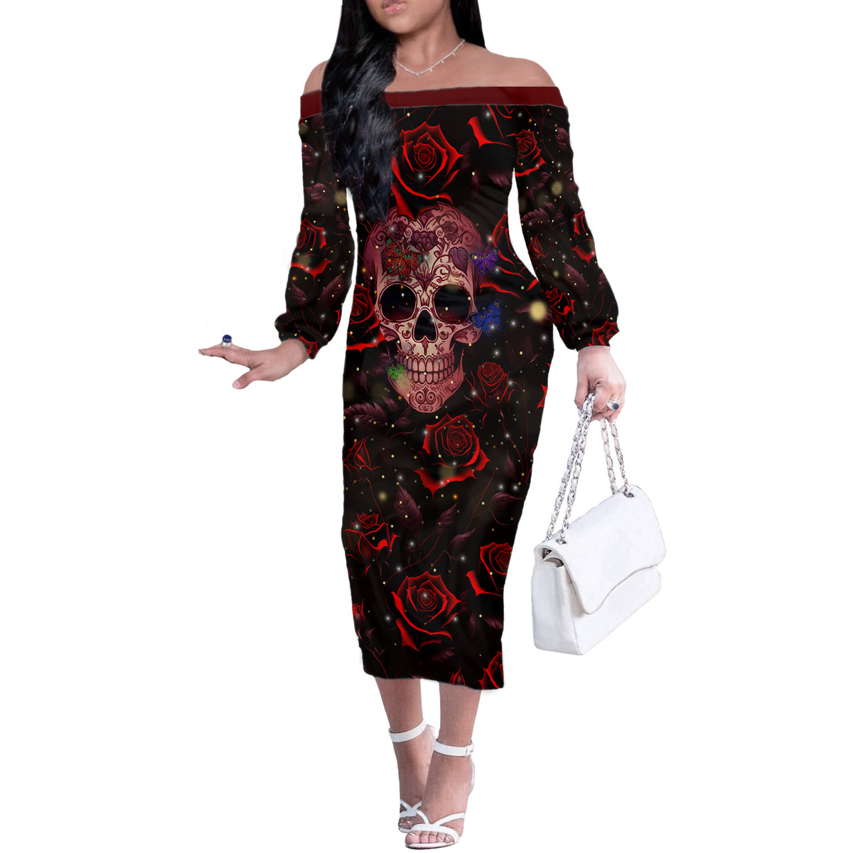 Don't Cry Skull Off The Shoulder Long Sleeve Dress - Wonder Print Shop