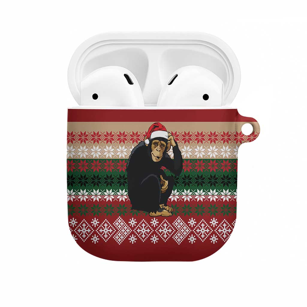 Chimpanzee Christmas AirPods Case Chimpanzee Wearing Santa Hat - Red Green Snowflake - Wonder Print Shop