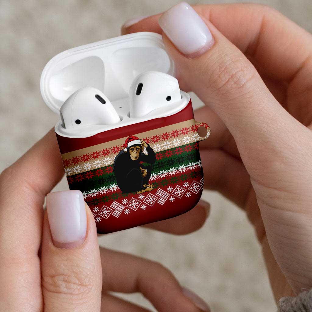 Chimpanzee Christmas AirPods Case Chimpanzee Wearing Santa Hat - Red Green Snowflake - Wonder Print Shop