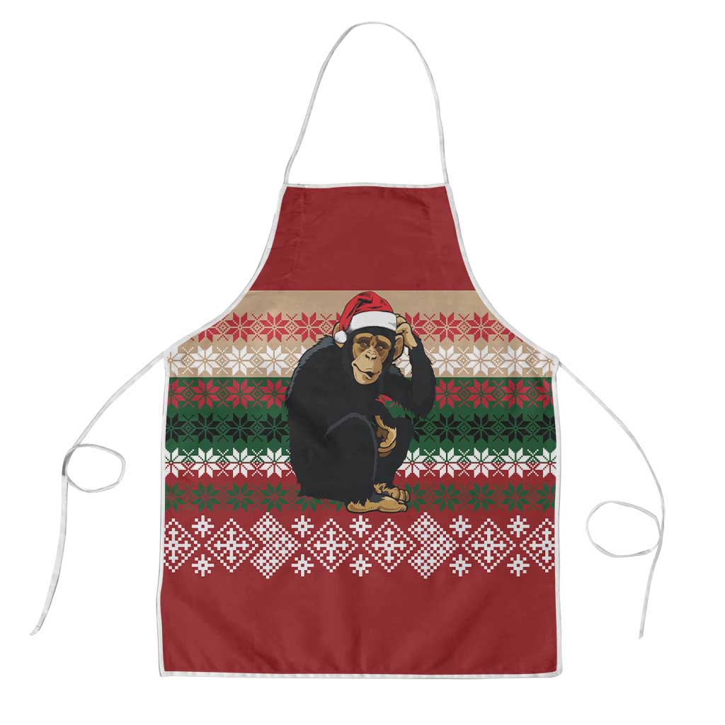 Chimpanzee Christmas Apron Chimpanzee Wearing Santa Hat - Red Green Snowflake - Wonder Print Shop