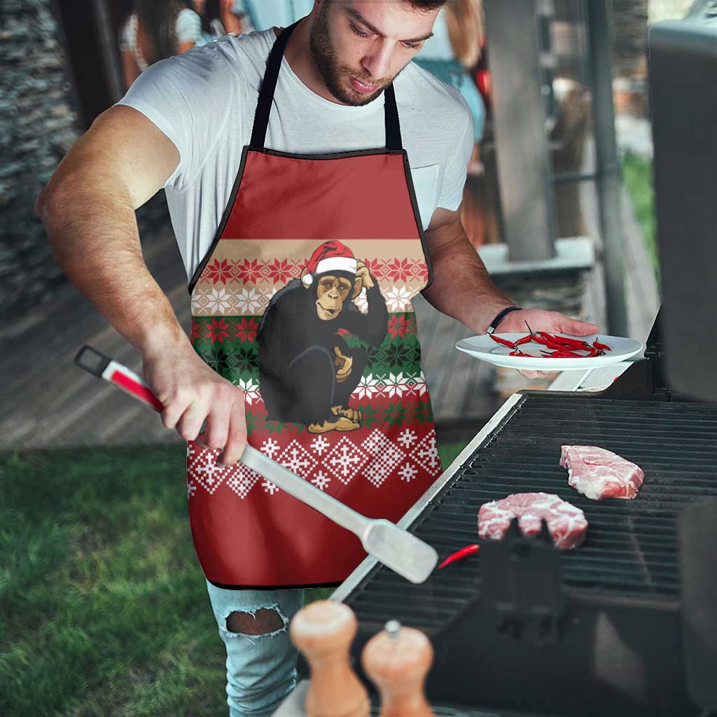 Chimpanzee Christmas Apron Chimpanzee Wearing Santa Hat - Red Green Snowflake - Wonder Print Shop