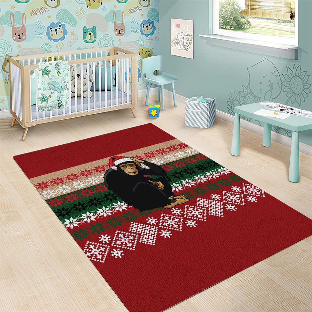 Chimpanzee Christmas Area Rug Chimpanzee Wearing Santa Hat - Red Green Snowflake - Wonder Print Shop