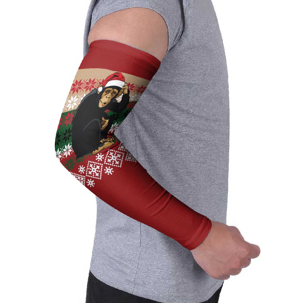 Chimpanzee Christmas Arm Sleeves Chimpanzee Wearing Santa Hat - Red Green Snowflake - Wonder Print Shop