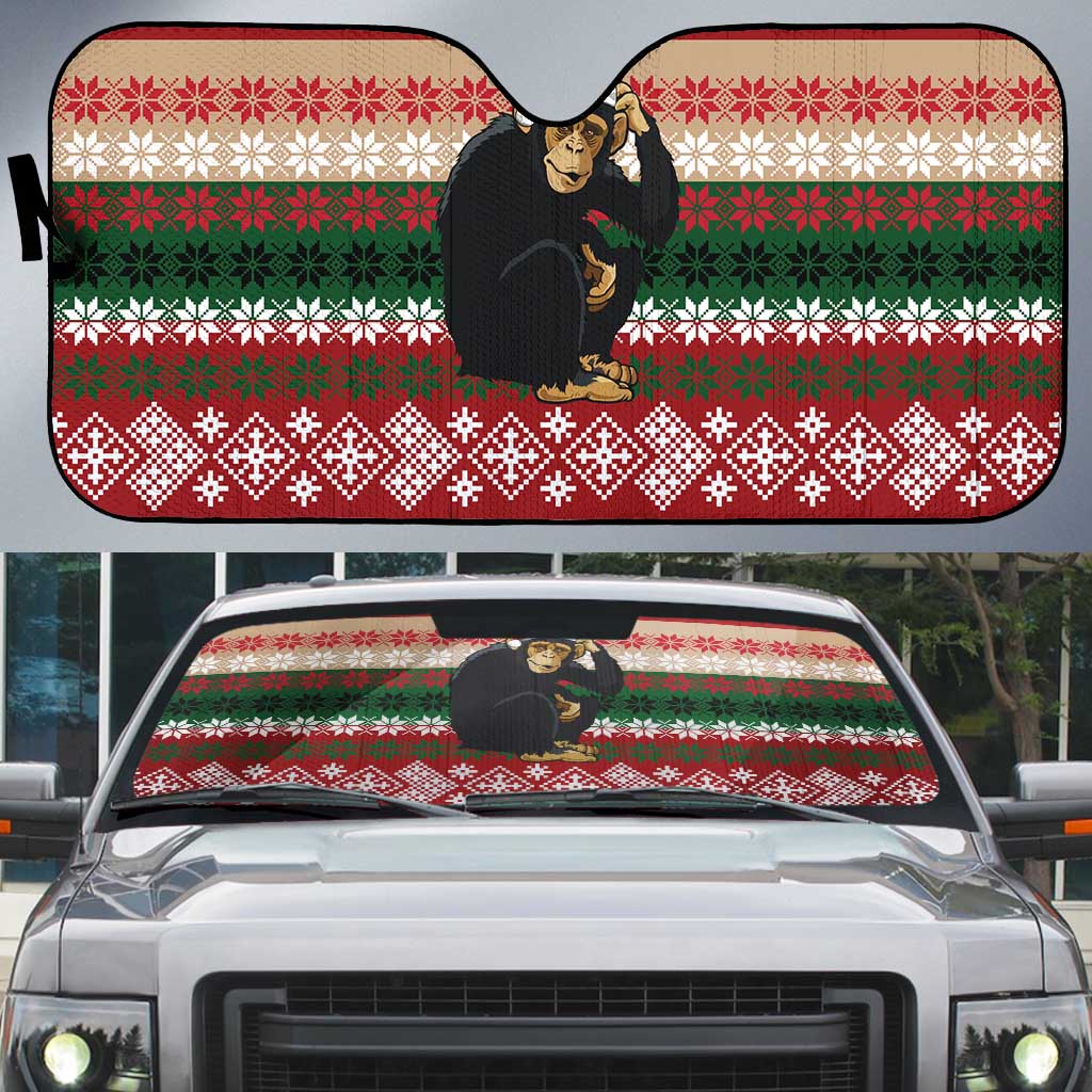 Chimpanzee Christmas Auto Sun Shade Chimpanzee Wearing Santa Hat - Red Green Snowflake - Wonder Print Shop