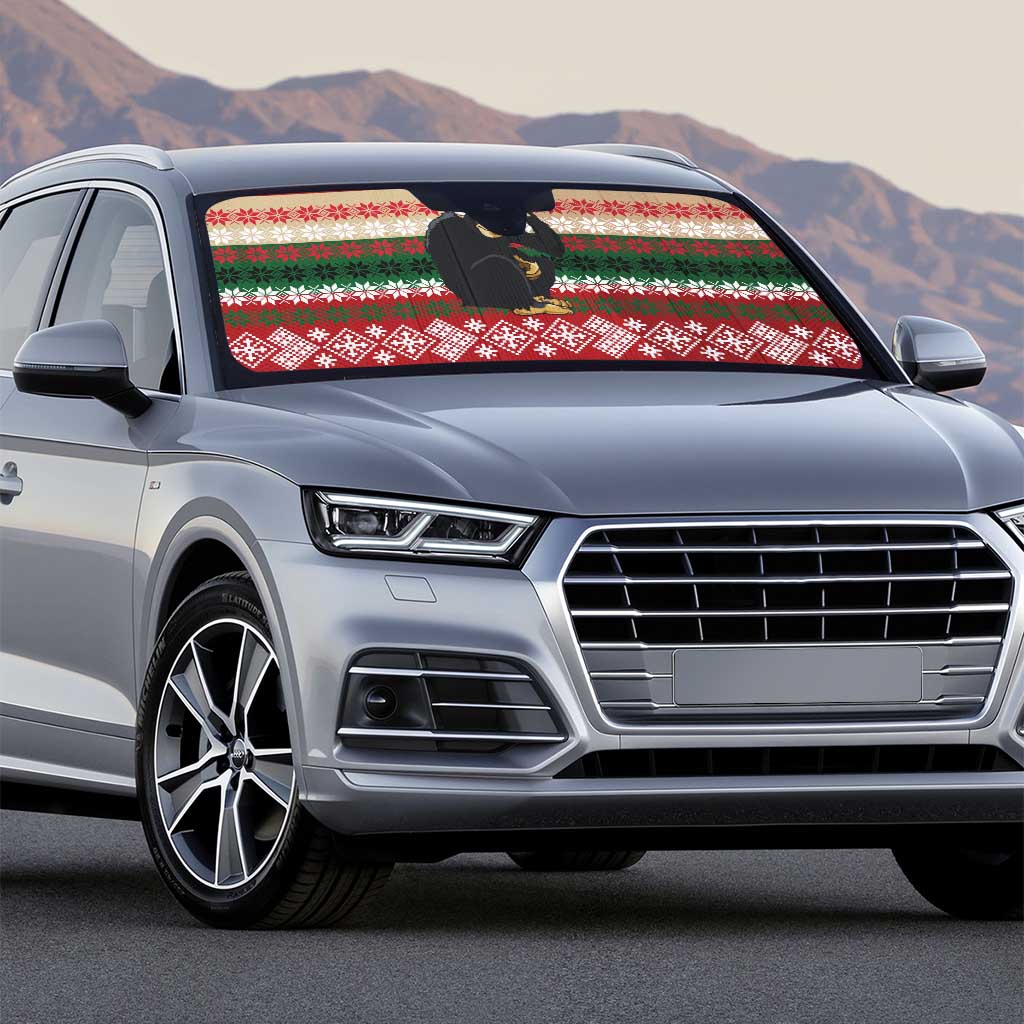 Chimpanzee Christmas Auto Sun Shade Chimpanzee Wearing Santa Hat - Red Green Snowflake - Wonder Print Shop