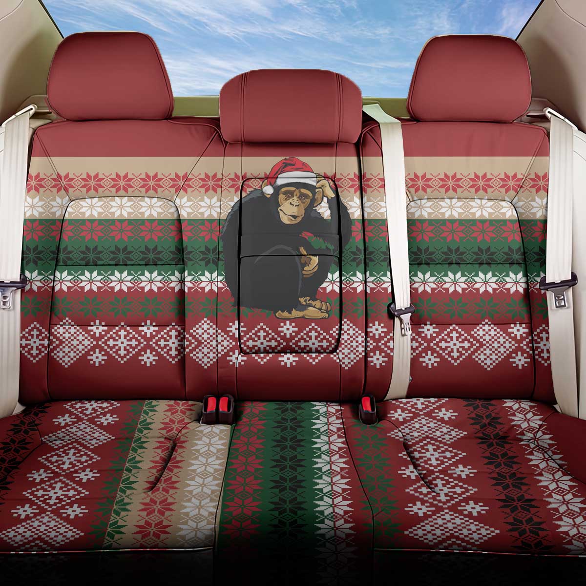 Chimpanzee Christmas Back Car Seat Cover Chimpanzee Wearing Santa Hat - Red Green Snowflake - Wonder Print Shop