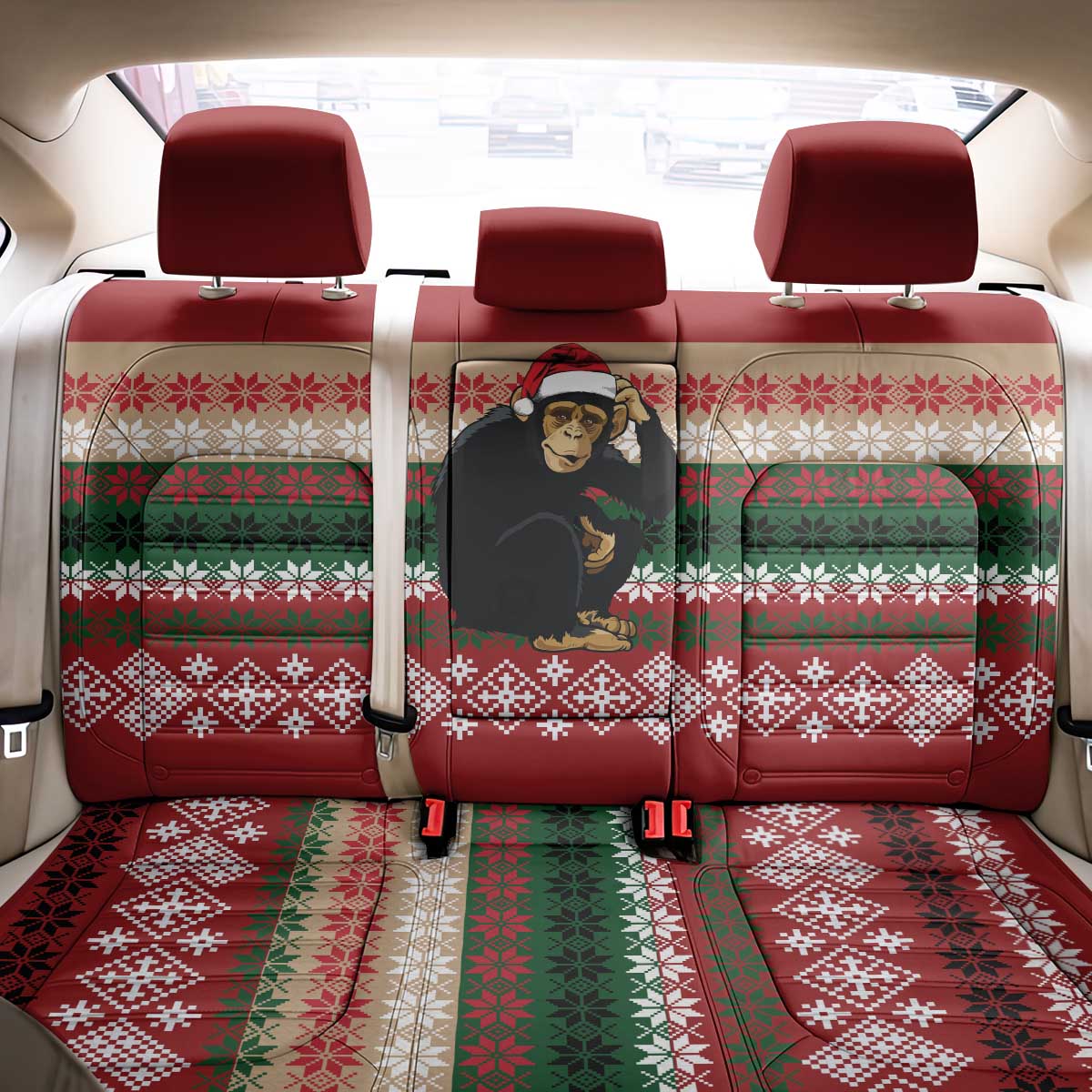 Chimpanzee Christmas Back Car Seat Cover Chimpanzee Wearing Santa Hat - Red Green Snowflake - Wonder Print Shop
