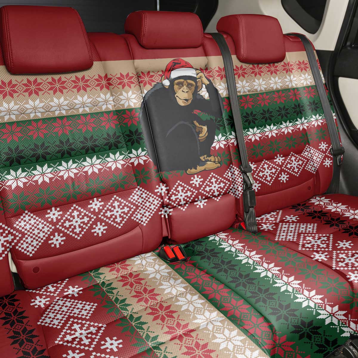 Chimpanzee Christmas Back Car Seat Cover Chimpanzee Wearing Santa Hat - Red Green Snowflake - Wonder Print Shop