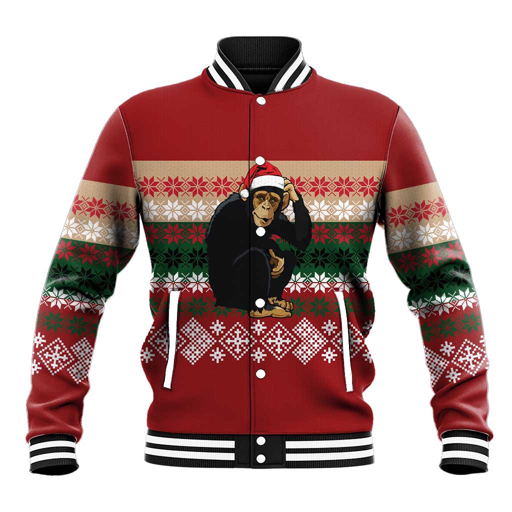 Chimpanzee Christmas Baseball Jacket Chimpanzee Wearing Santa Hat - Red Green Snowflake - Wonder Print Shop