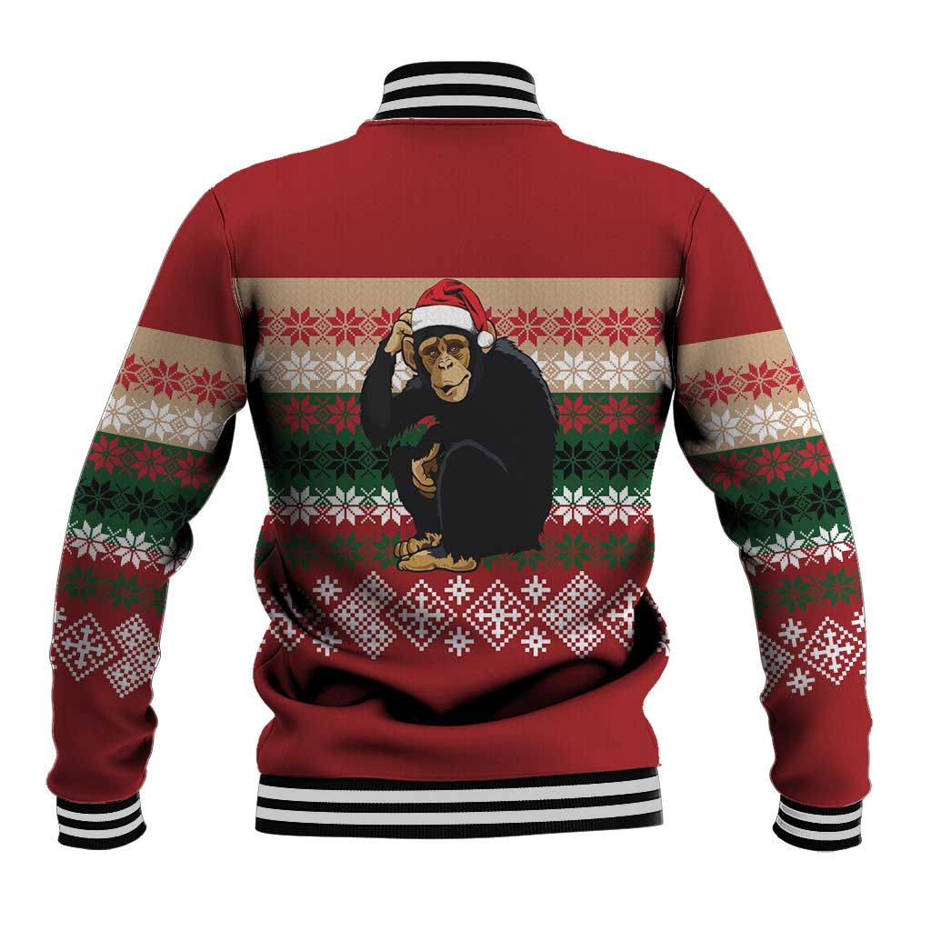 Chimpanzee Christmas Baseball Jacket Chimpanzee Wearing Santa Hat - Red Green Snowflake - Wonder Print Shop