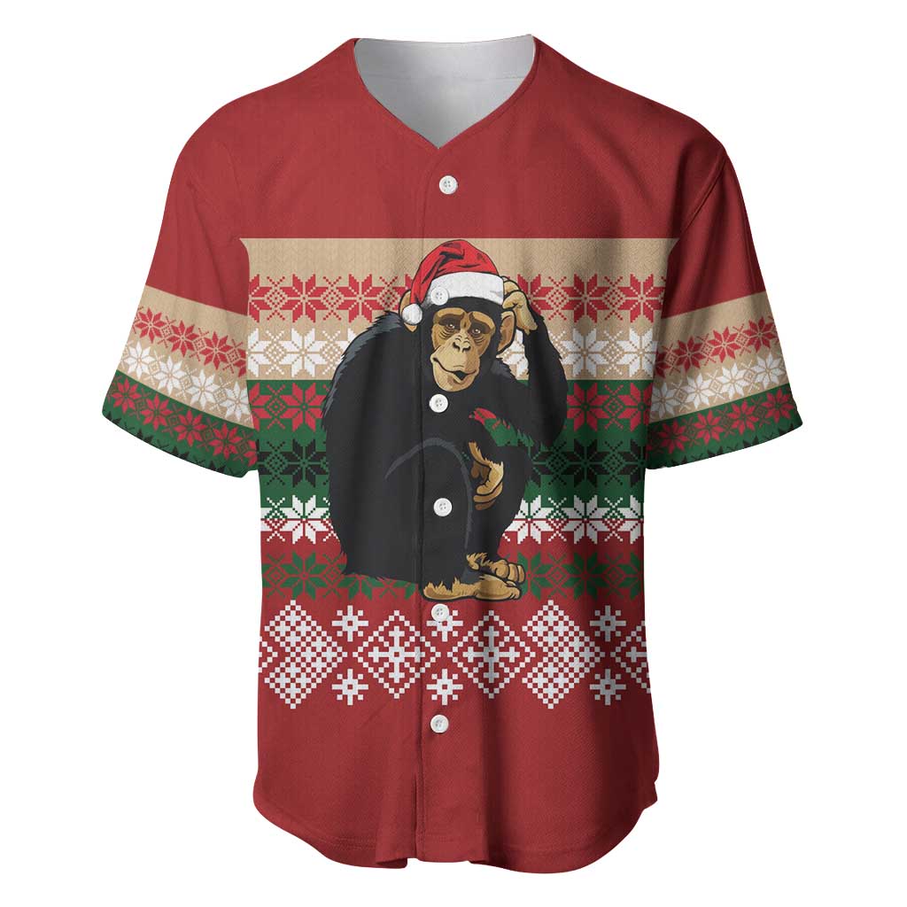 Chimpanzee Christmas Baseball Jersey Chimpanzee Wearing Santa Hat - Red Green Snowflake - Wonder Print Shop