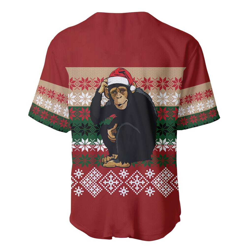 Chimpanzee Christmas Baseball Jersey Chimpanzee Wearing Santa Hat - Red Green Snowflake - Wonder Print Shop