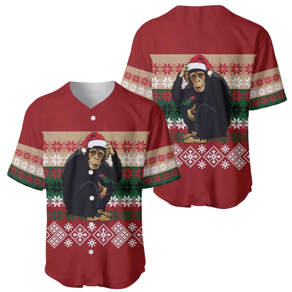 Chimpanzee Christmas Baseball Jersey Chimpanzee Wearing Santa Hat - Red Green Snowflake - Wonder Print Shop