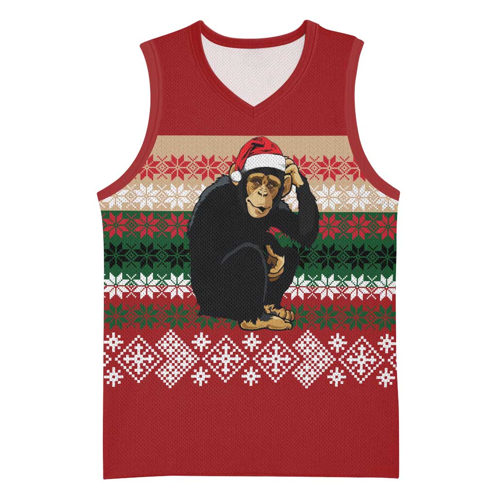 Chimpanzee Christmas Basketball Jersey Chimpanzee Wearing Santa Hat - Red Green Snowflake - Wonder Print Shop
