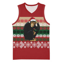 Chimpanzee Christmas Basketball Jersey Chimpanzee Wearing Santa Hat - Red Green Snowflake - Wonder Print Shop