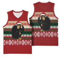 Chimpanzee Christmas Basketball Jersey Chimpanzee Wearing Santa Hat - Red Green Snowflake - Wonder Print Shop