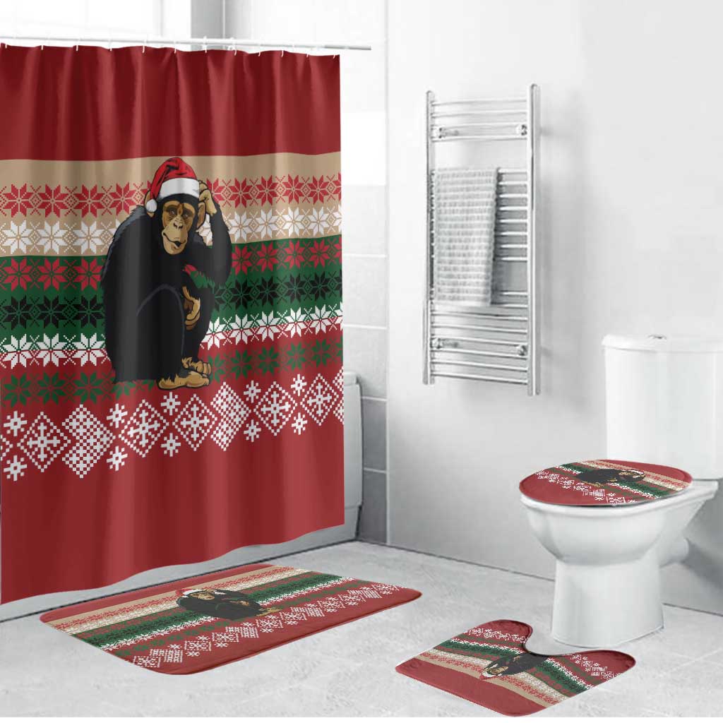 Chimpanzee Christmas Bathroom Set Chimpanzee Wearing Santa Hat - Red Green Snowflake - Wonder Print Shop