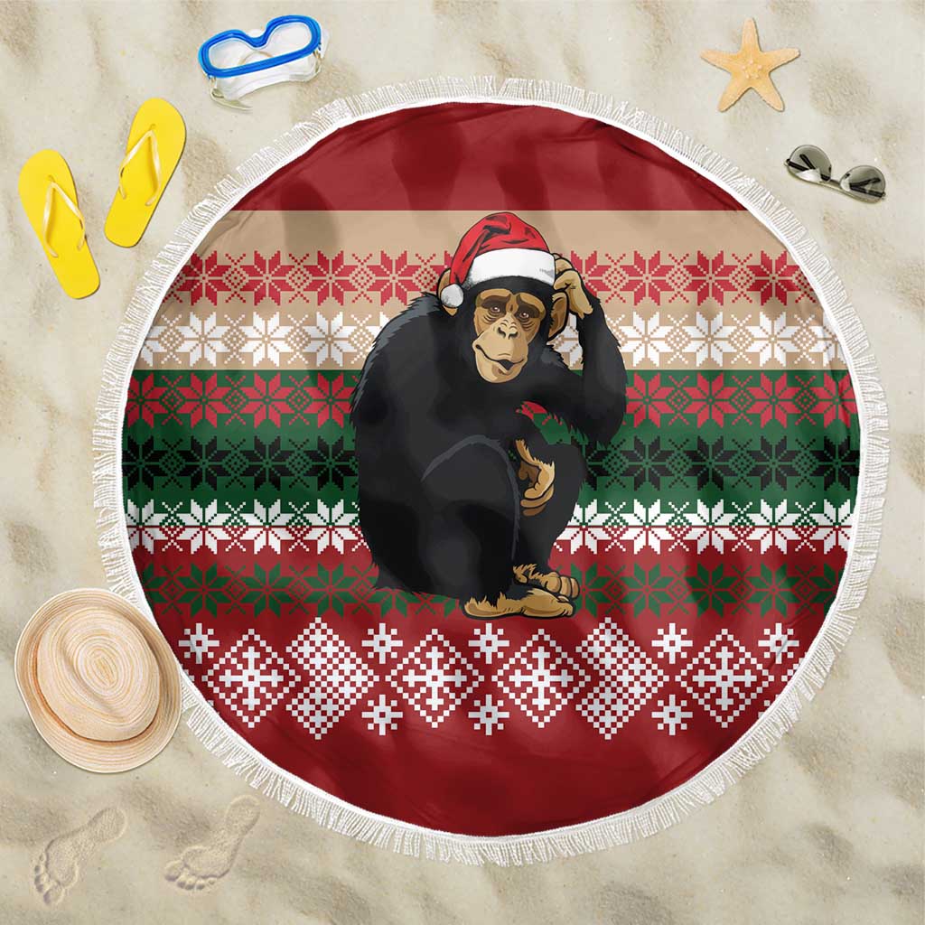 Chimpanzee Christmas Beach Blanket Chimpanzee Wearing Santa Hat - Red Green Snowflake - Wonder Print Shop